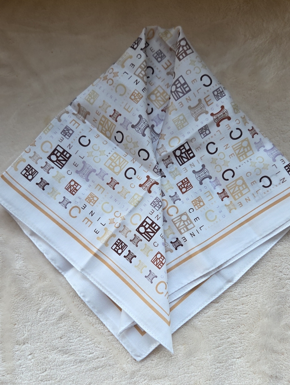 Celine Silk Logo Small Scarf in Cream, Gold & Brown